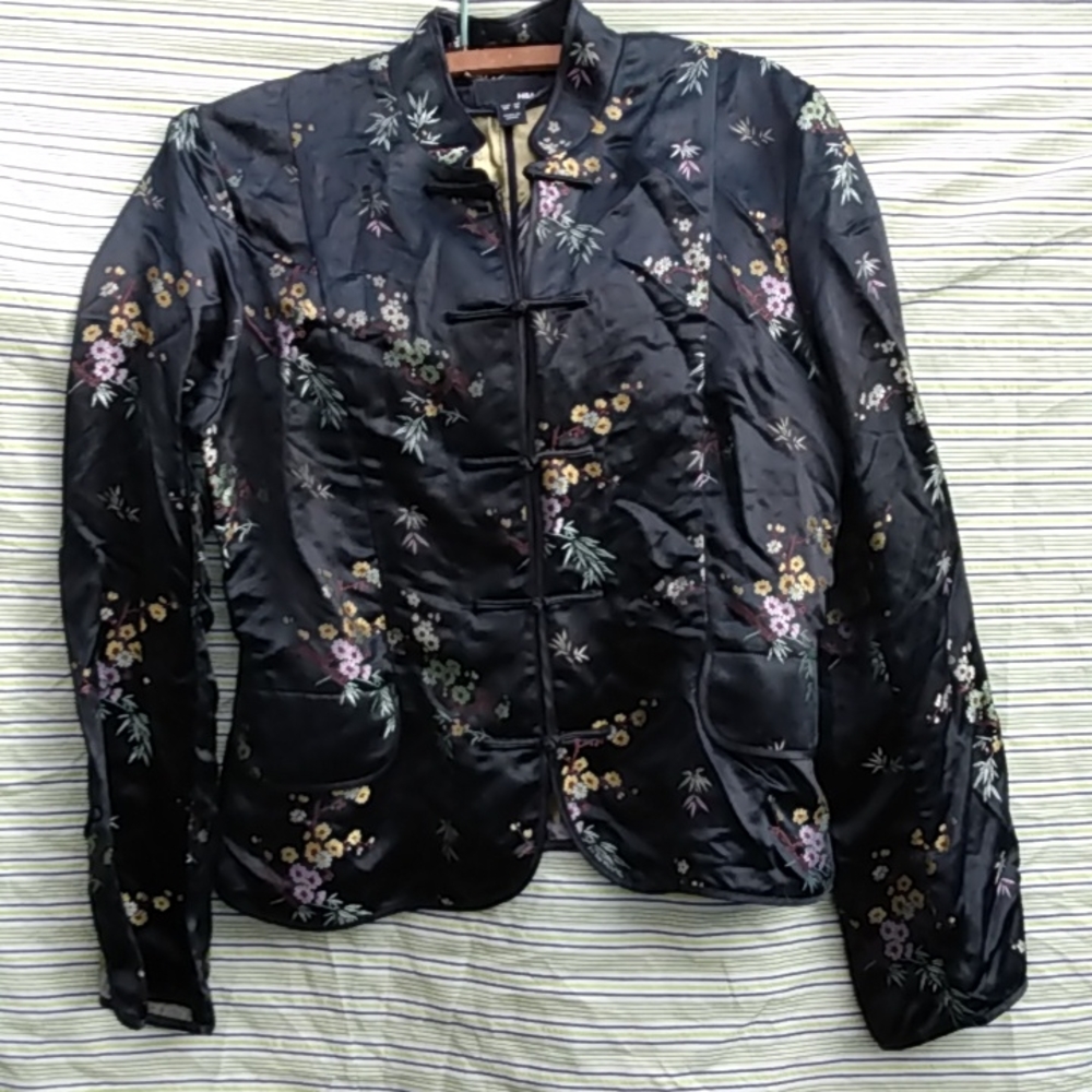 H & M Pretty SiZe 12 Satiny Floral Asian Print Dainty Embroidered 90sVtg Jacket